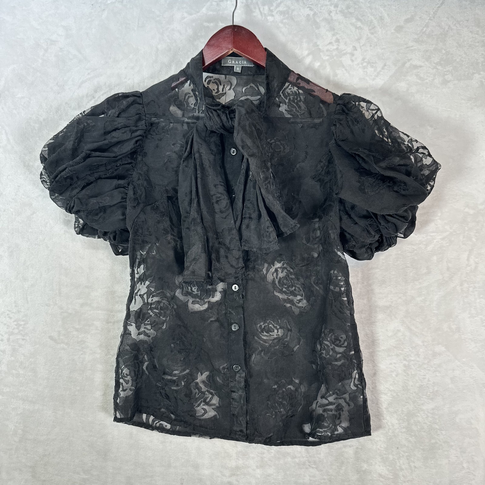Gracia Blouse Womens S Black Floral Sheer Puff Sleeve Tie Neck Bow Chiffon