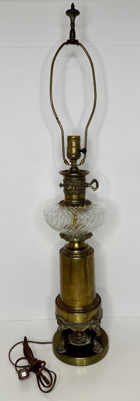 Vintage MCM Solid Brass Swirl Glass Table Lamp Claw Foot Electric Oil Style 34”