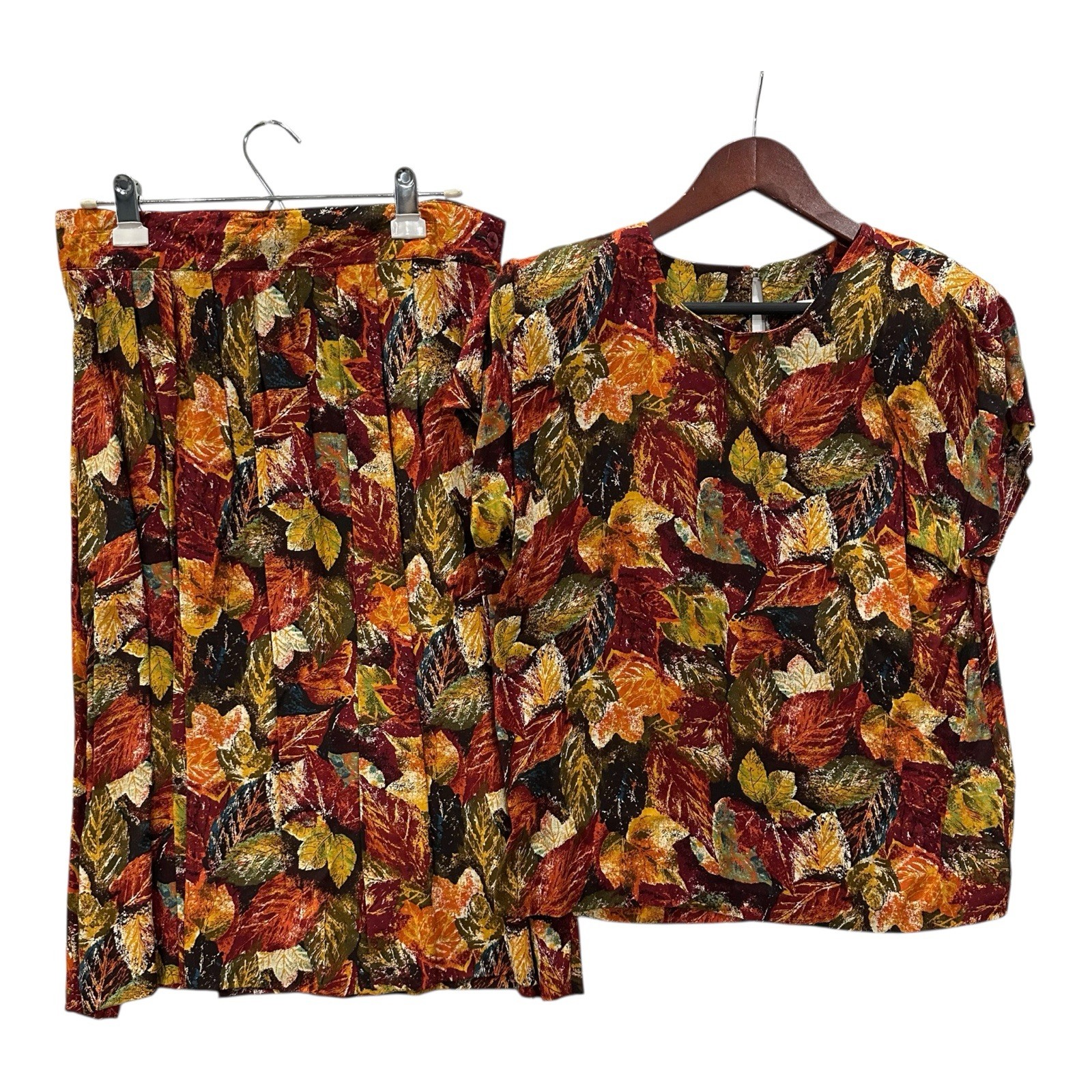 Vintage Fall Leaves Outfit Top Skirt Set Size 16? 1980s Shoulder Pads Novelty Vintage Fall Leaves Outfit Top Skirt Set Size 16? 1980s Shoulder Pads Novelty