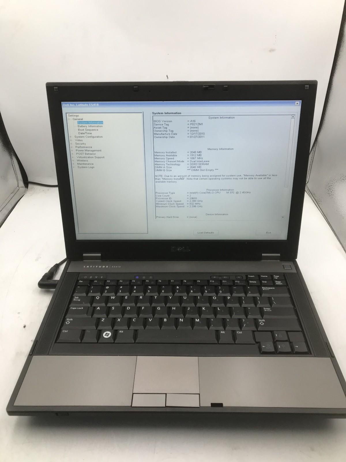 DELL LATITUDE E5410 - BOOTS TO BIOS - INTEL I3 M370 - NO RAM - READ DESCRIP - BB