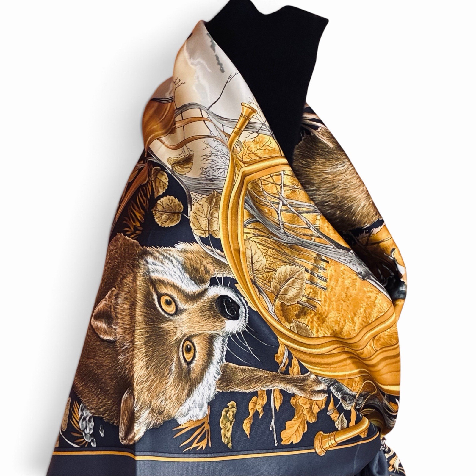 HERMES Silk Scarf Twill 90 CHASSE au BOIS Gray by Carl de Parcevaux