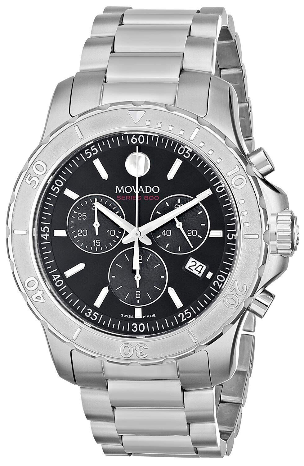 New Movado Series 800 Chronograph Black Dial Steel 2600110 Mens Swiss 42mm Watch New Movado Series 800 Chronograph Black Dial Steel 2600110 Mens Swiss 42mm Watch