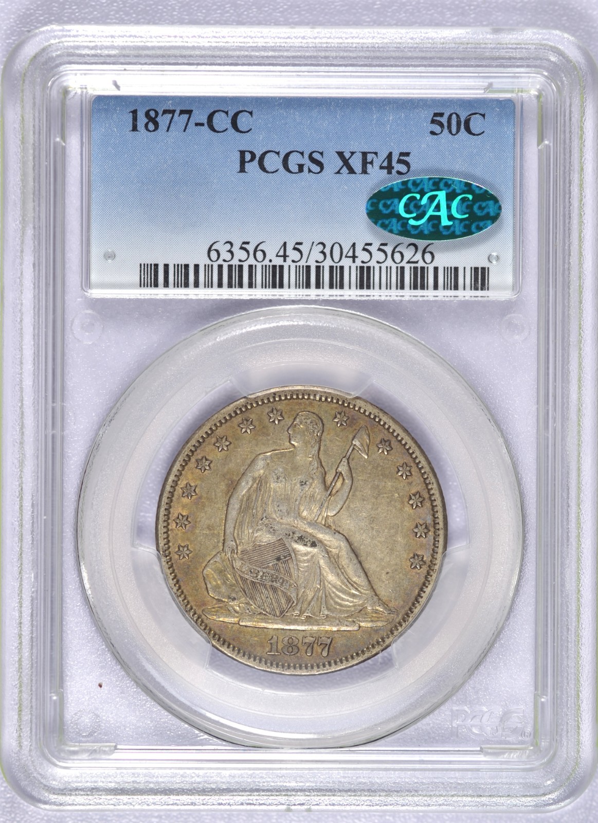 1877-CC SEATED LIBERTY HALF DOLLAR PCGS XF45 CAC CHOICE ORIGINAL CARSON CITY