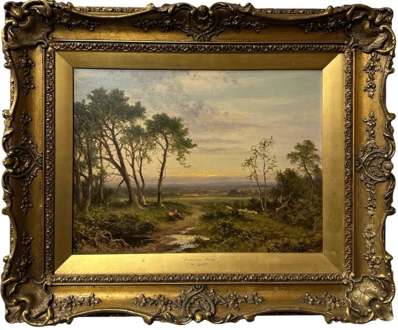 H. East (fl.1900-1920) Evening Glow Antique Oil Painting Landscape Signed