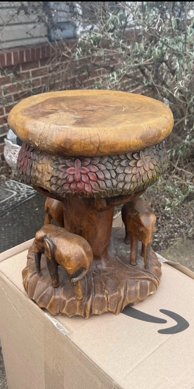 Vintage Hand Carved Elephant Stool with Ornate Decoration