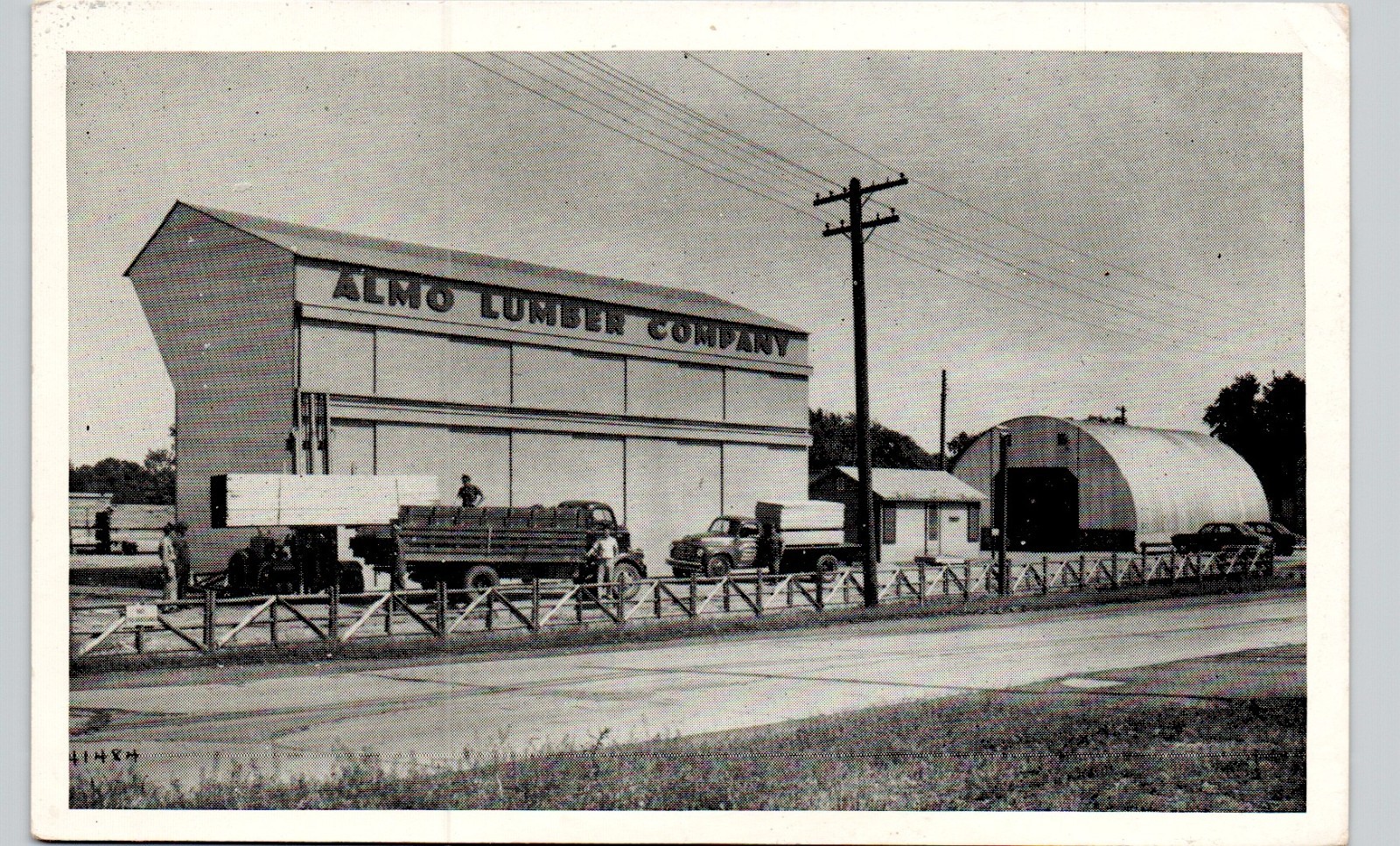 ALMO LUMBER YARD momence il 1940 postcard illinois sawmill crew trucks warehouse