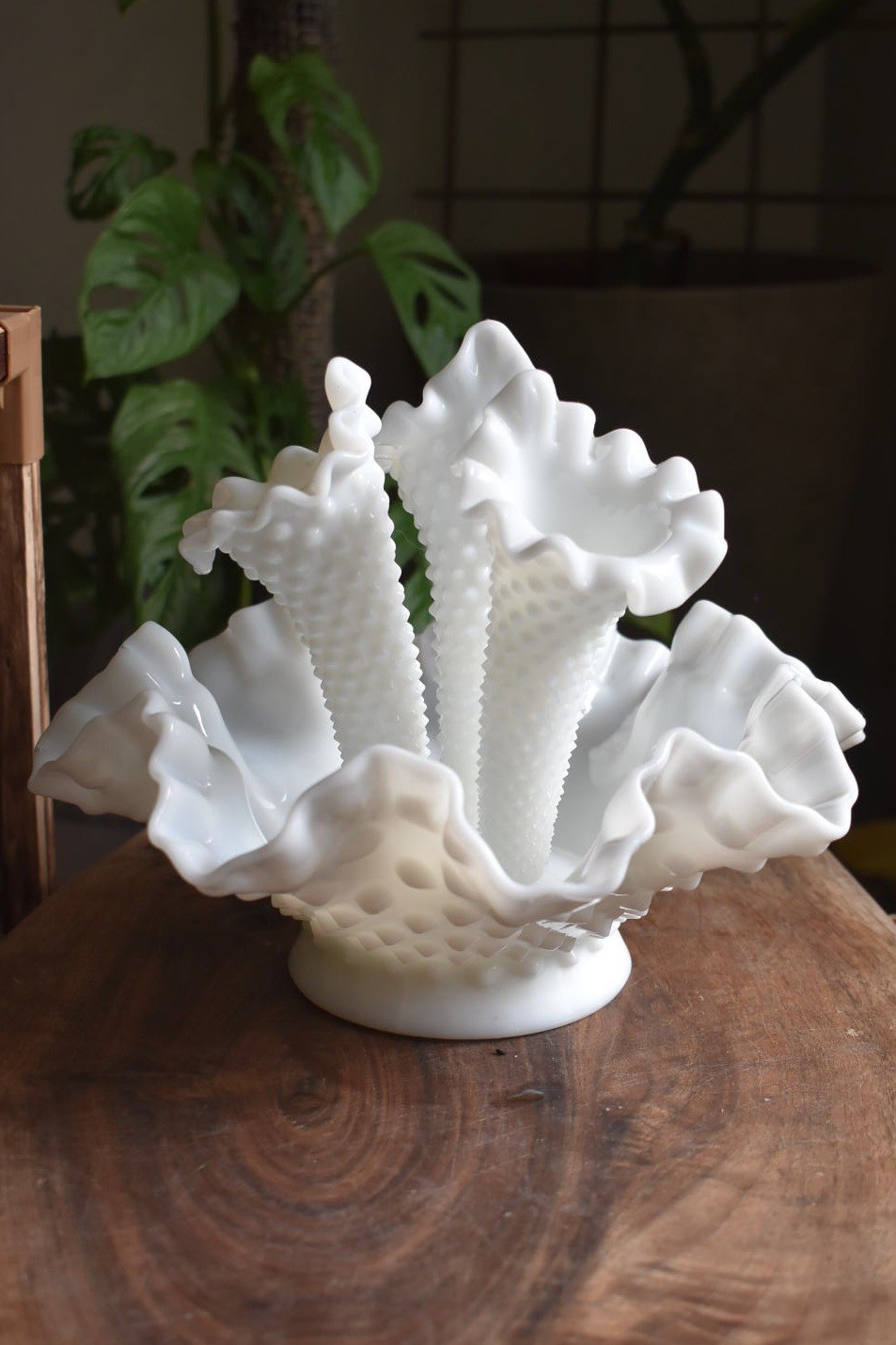 Vintage Fenton | Ruffled White Hobnail Milk Glass Triple Trumpet Epergne