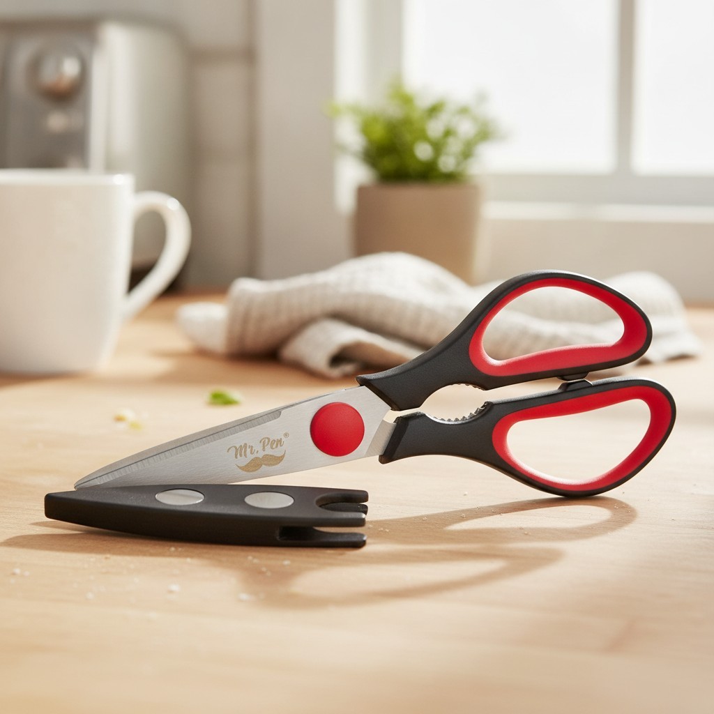 Elegant 8-Inch Kitchen Shears with Protective Sheath - Black & Red Design