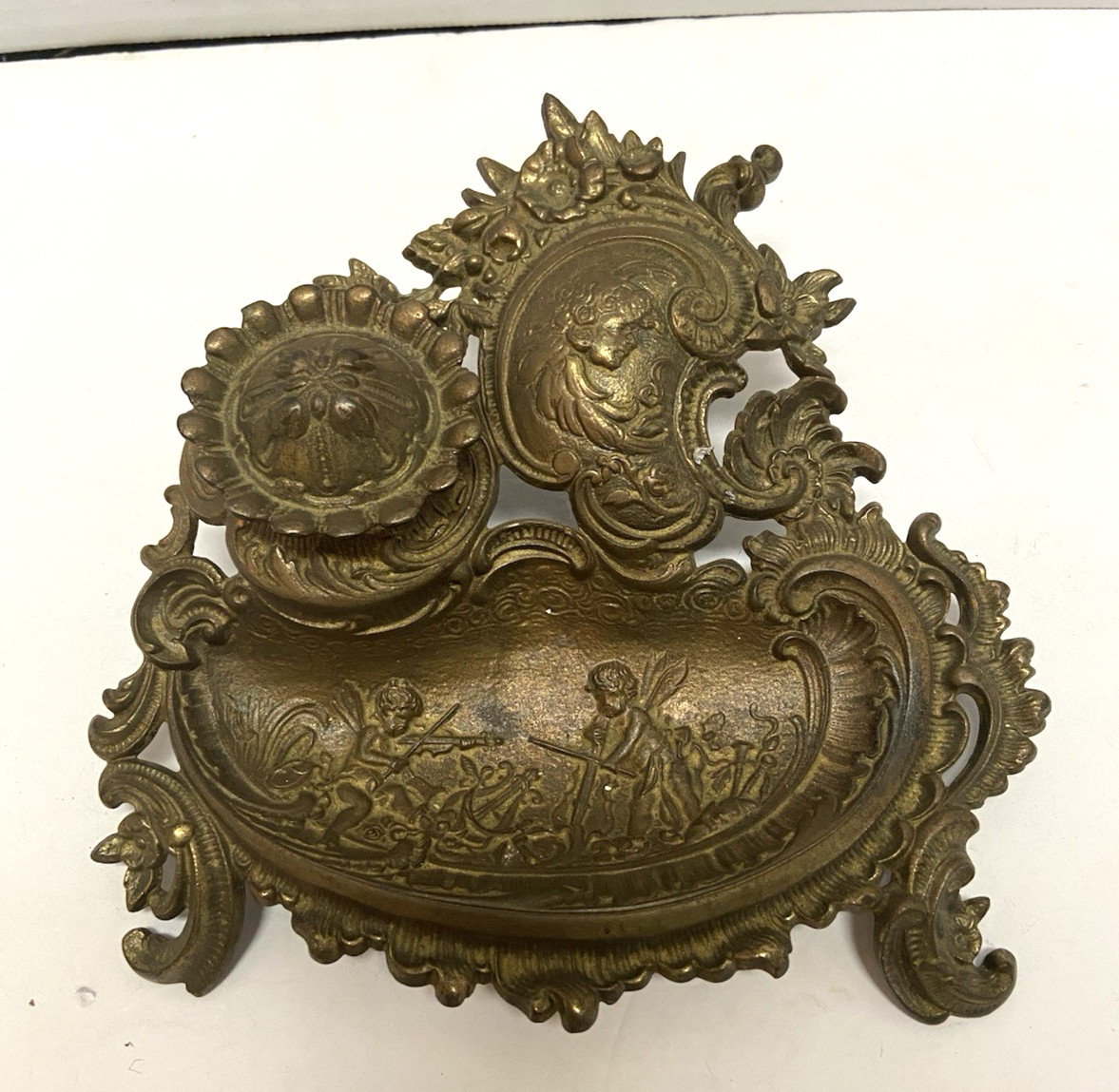 Antique Ornate Brass Rococo Revival Single Inkwell Desk Stand Cherub Putti Scene
