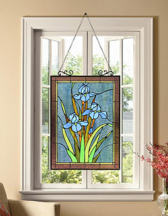 25-inch Antique Vintage Style Iris Stained Glass Window Hanging Suncatcher Panel 25-inch Antique Vintage Style Iris Stained Glass Window Hanging Suncatcher Panel
