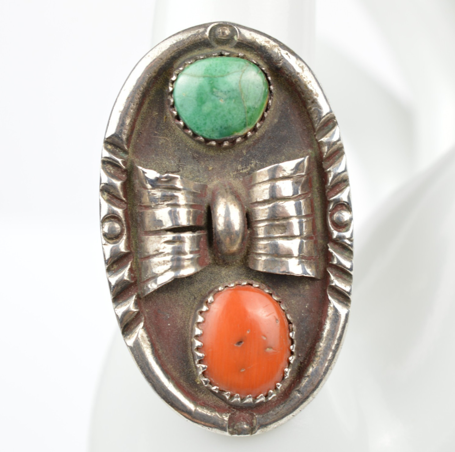 Navajo Sterling Silver Ring Turquoise Coral Shadowbox VTG Size 8.75 Stamped