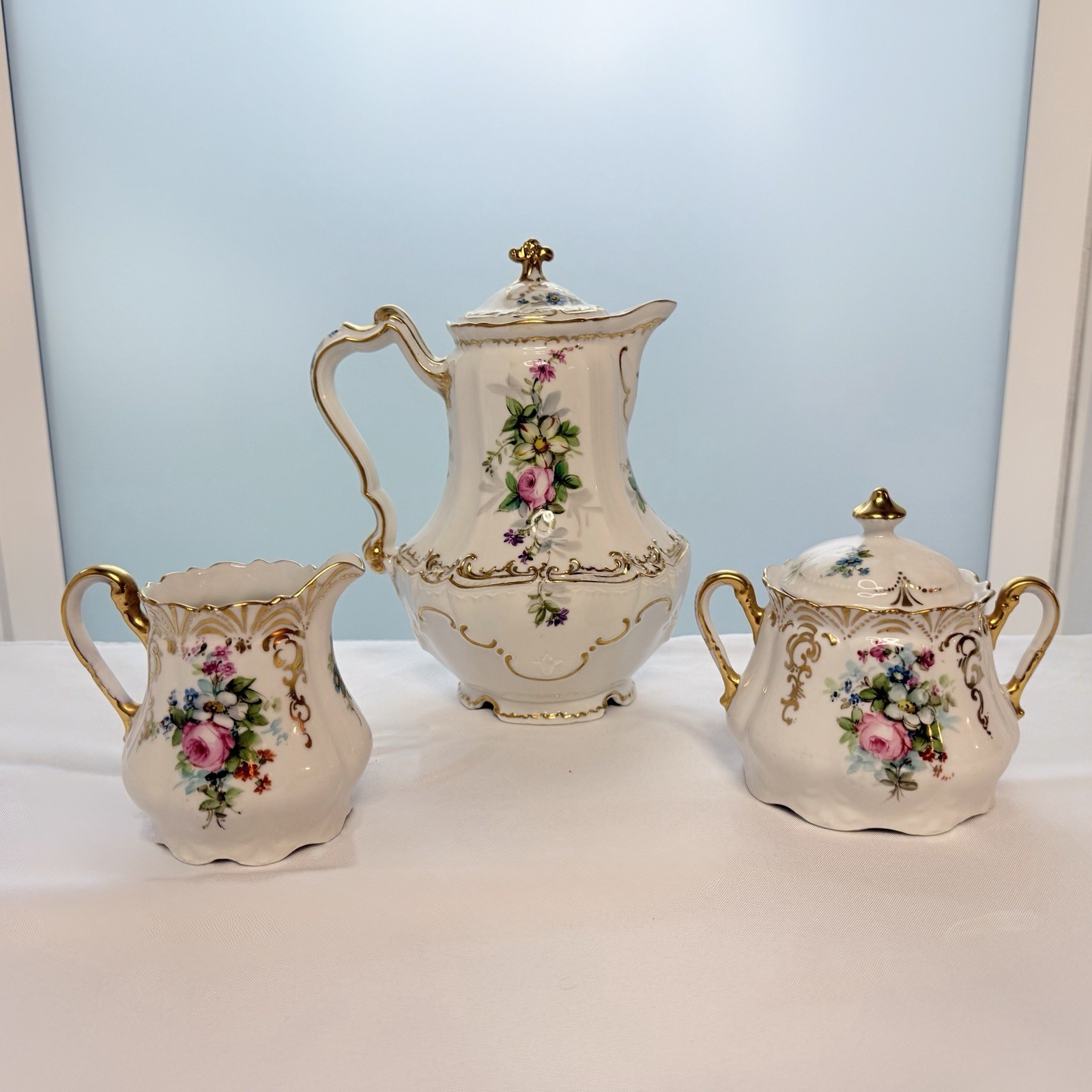 Antique Haviland Limoges Chocolate Pot + Sugar Creamer Hand Painted Floral Gold