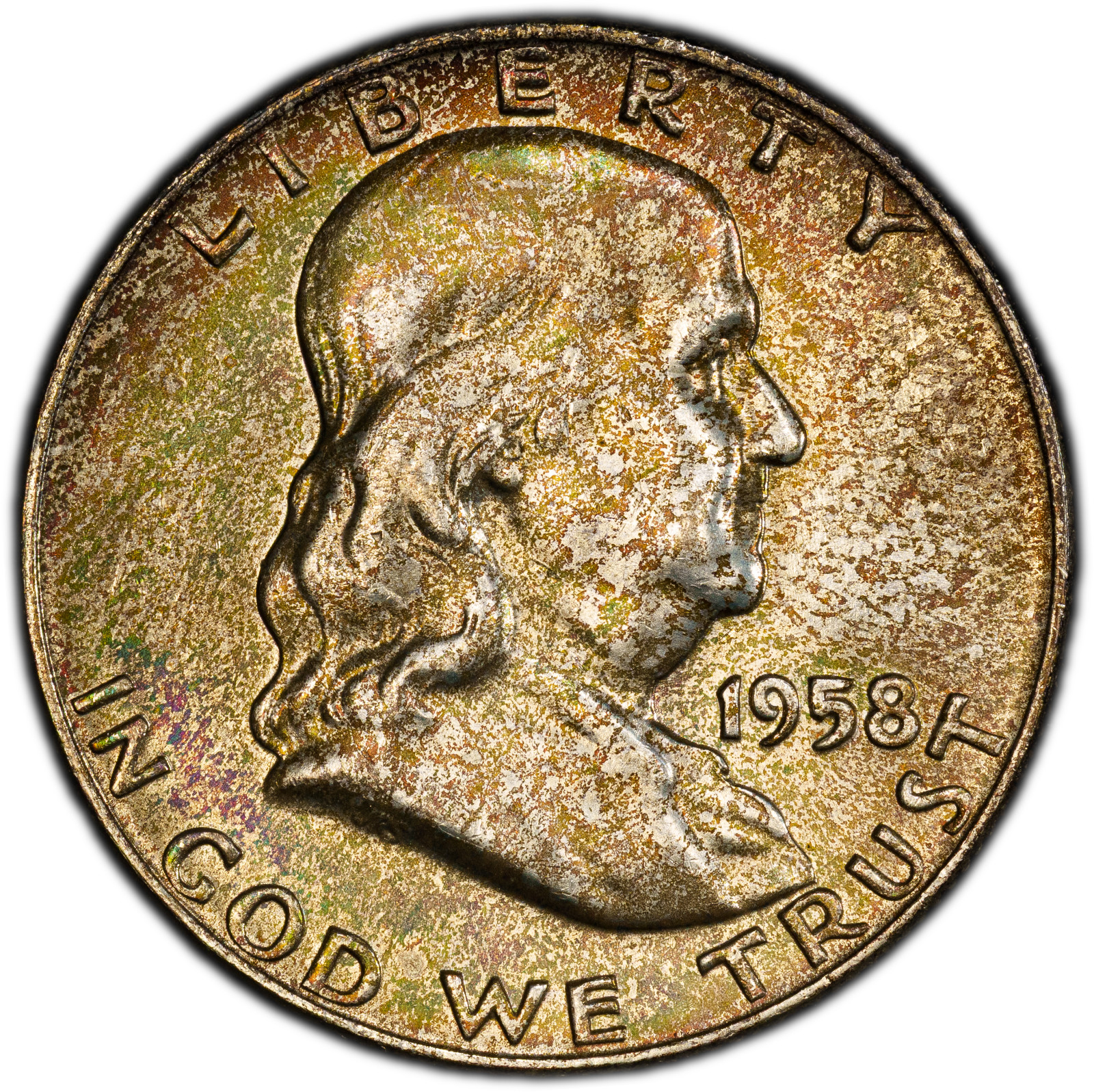 1958-D PCGS MS65 FBL (Gem) Franklin Half | Attractive Rainbow Mint Set Toning