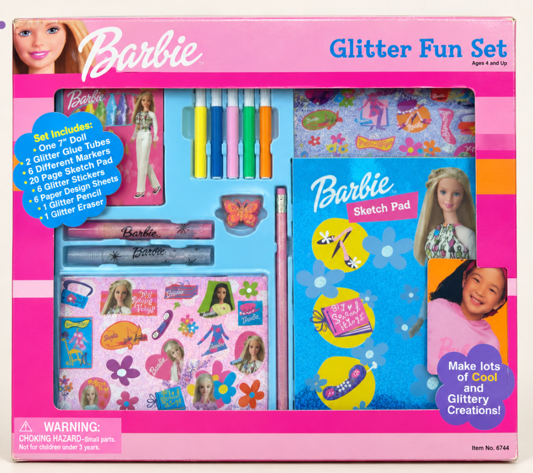 Vintage 2001 Barbie Glitter Fun Set RoseArt Sketch Pad Stickers Art Kit 6744