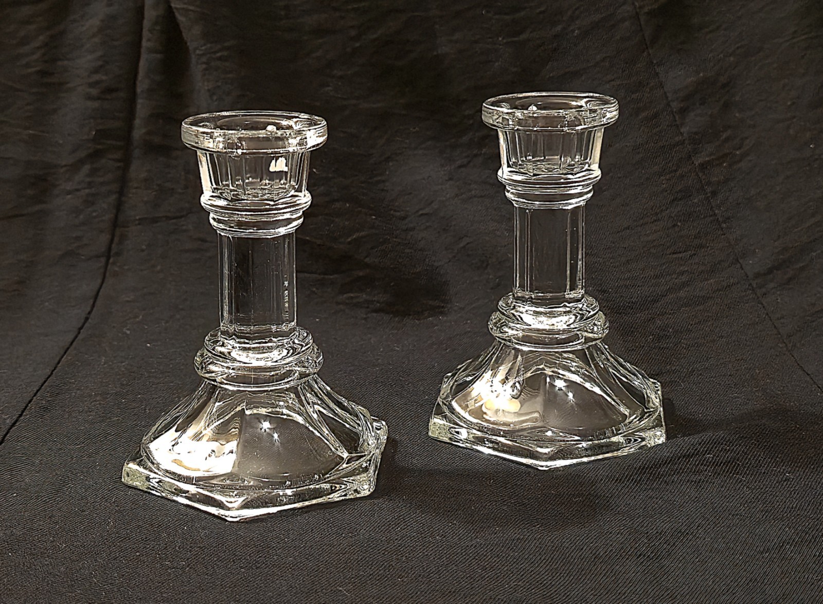 Vintage Pair F.T.D.A. Clear Glass Candlestick Holders Hexagonal Base Taper 4\