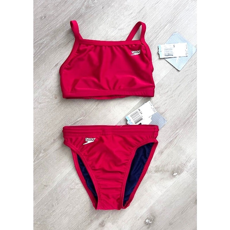 NEW Speedo Women\'s Racerback Bikini Set XS Red Crossback Athletic Swimwear