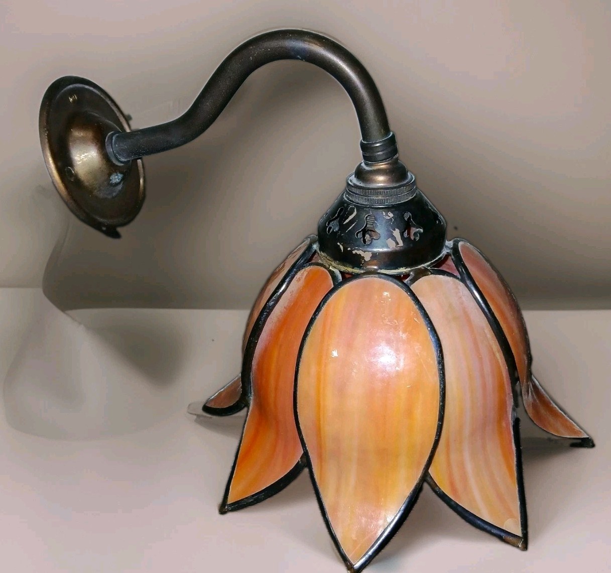 Vintage Art Nouveau Bent Slag Glass Tulip / Lotus Wall Sconce Fixture - Hardwire