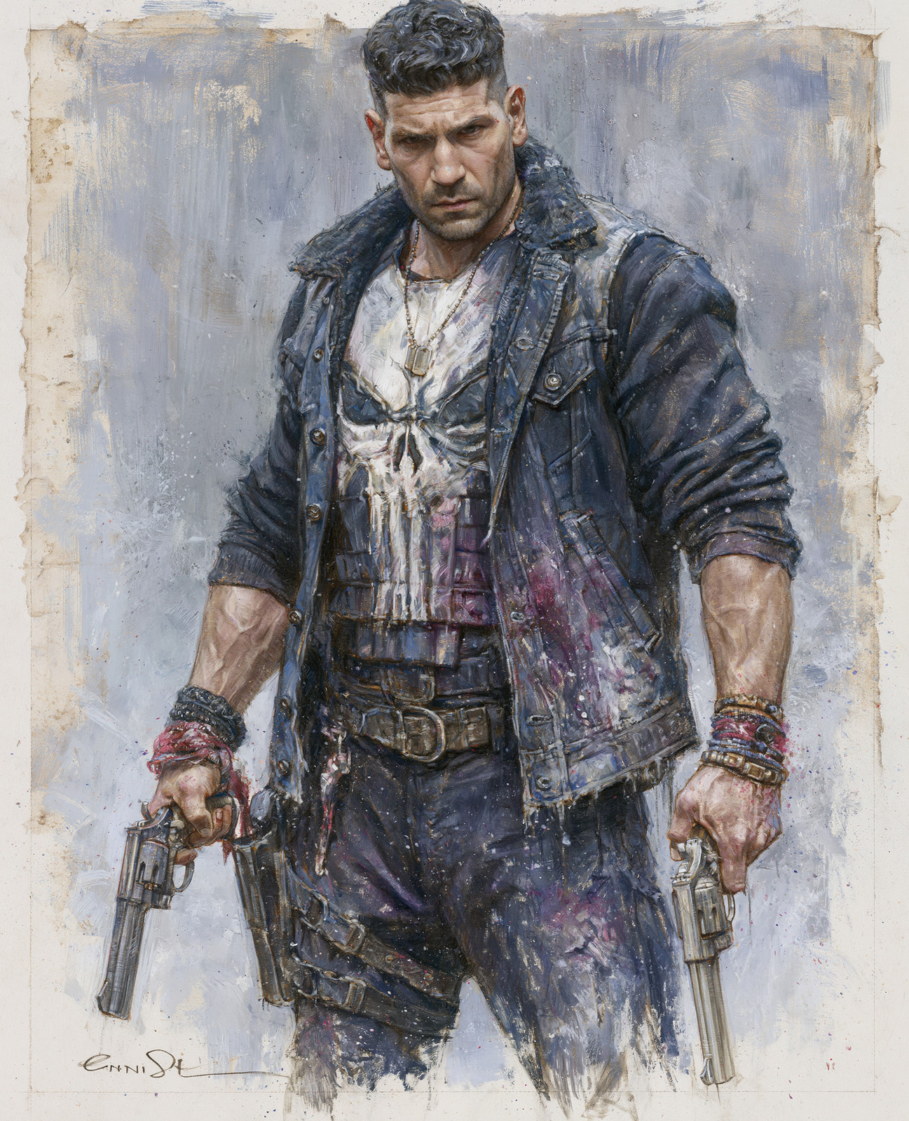 The Punisher in Blue Coat with Twin Pistols and Skull Shirt Print - 579973596