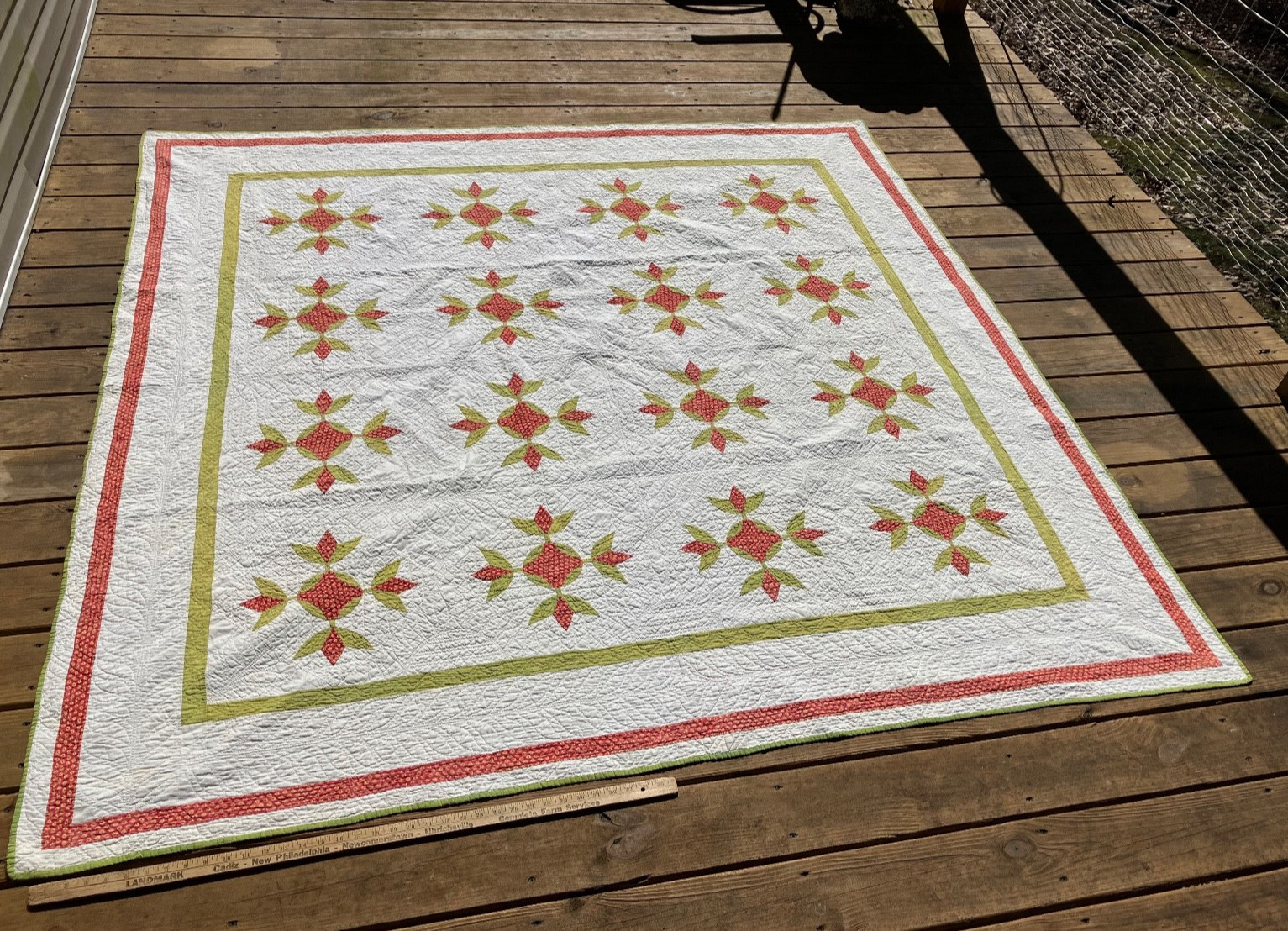 Antique 1880's Rosette Applique Quilt Red Green and White Antique 1880's Rosette Applique Quilt Red Green and White