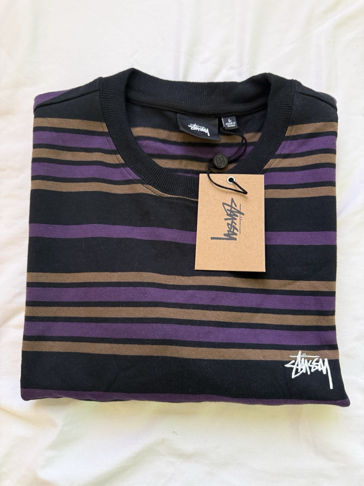 Stüssy Alton Stripe Crew T-Shirt Men’s Large Black Purple NWT 1140303