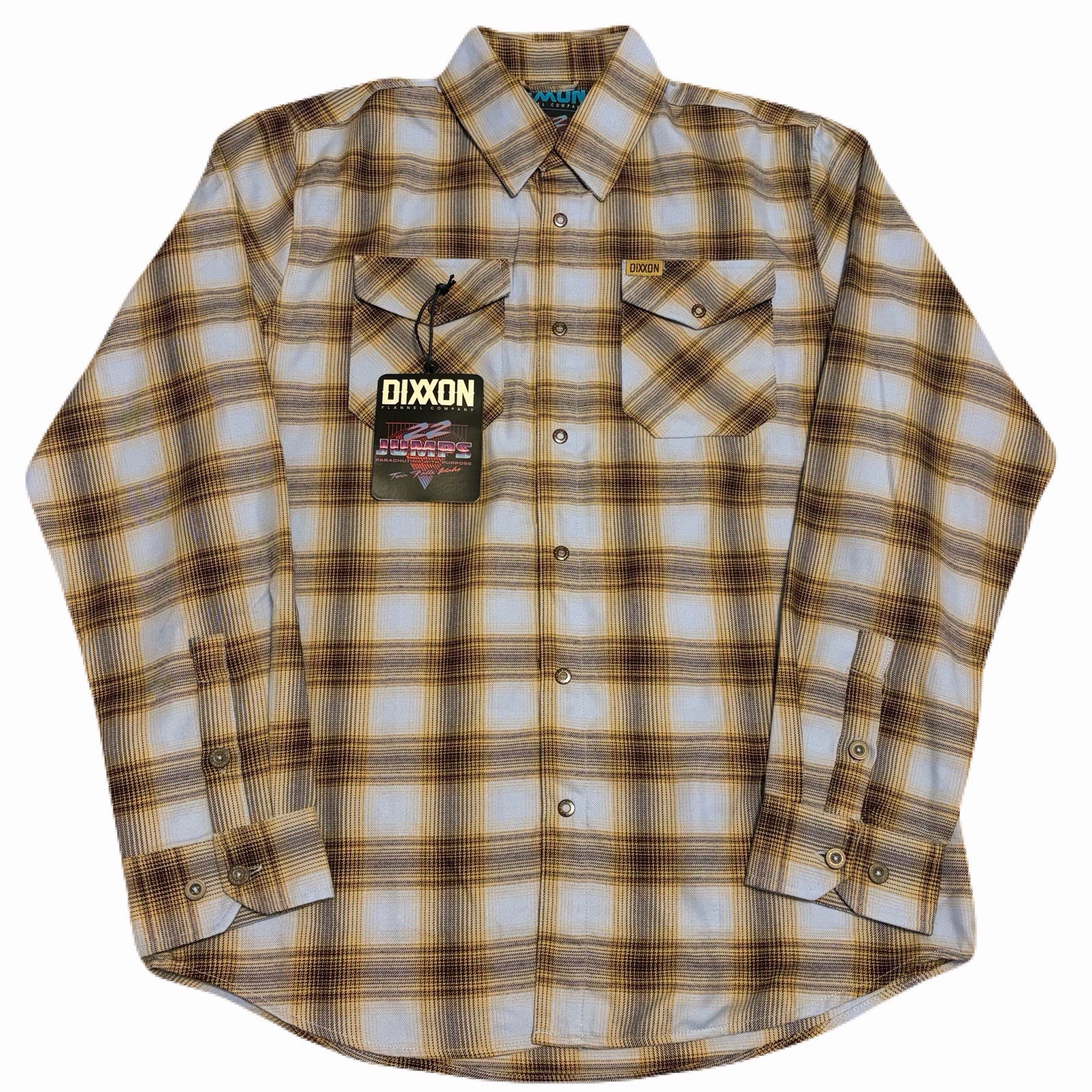 NWOT Dixxon 22 Jumps Flannel Shirt Mens Medium Blue Brown Plaid D Tech Fabric
