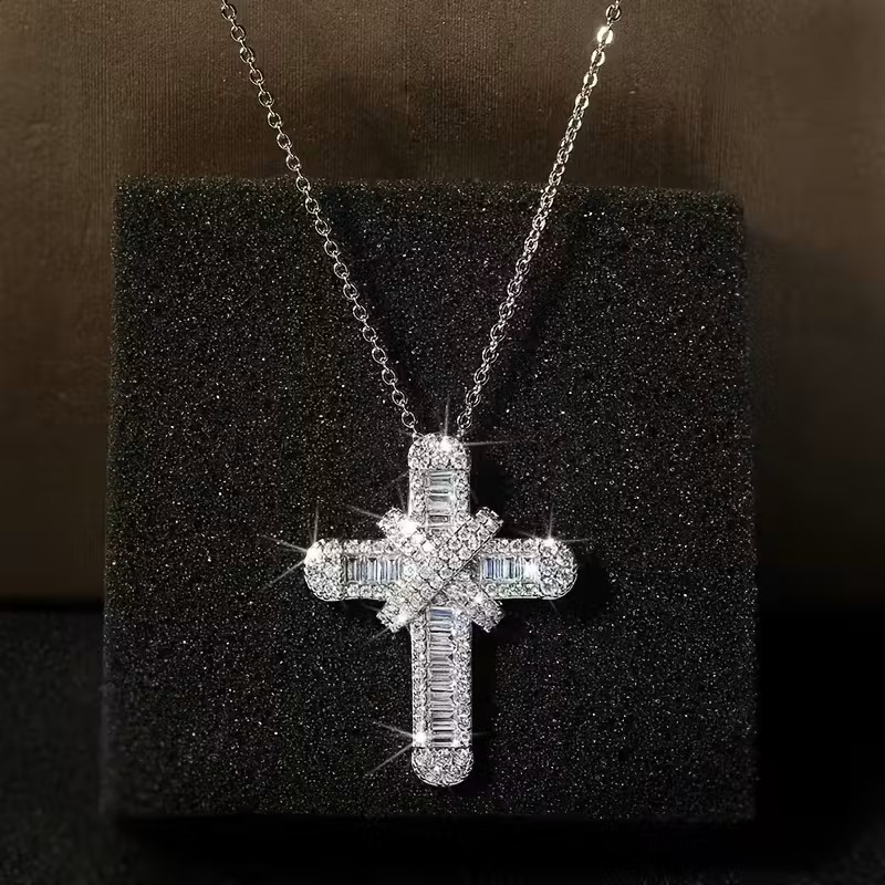 Elegant Baguette Cross Pendant Necklace for Women Silver Sparkling Crystal Gift Elegant Baguette Cross Pendant Necklace for Women Silver Sparkling Crystal Gift