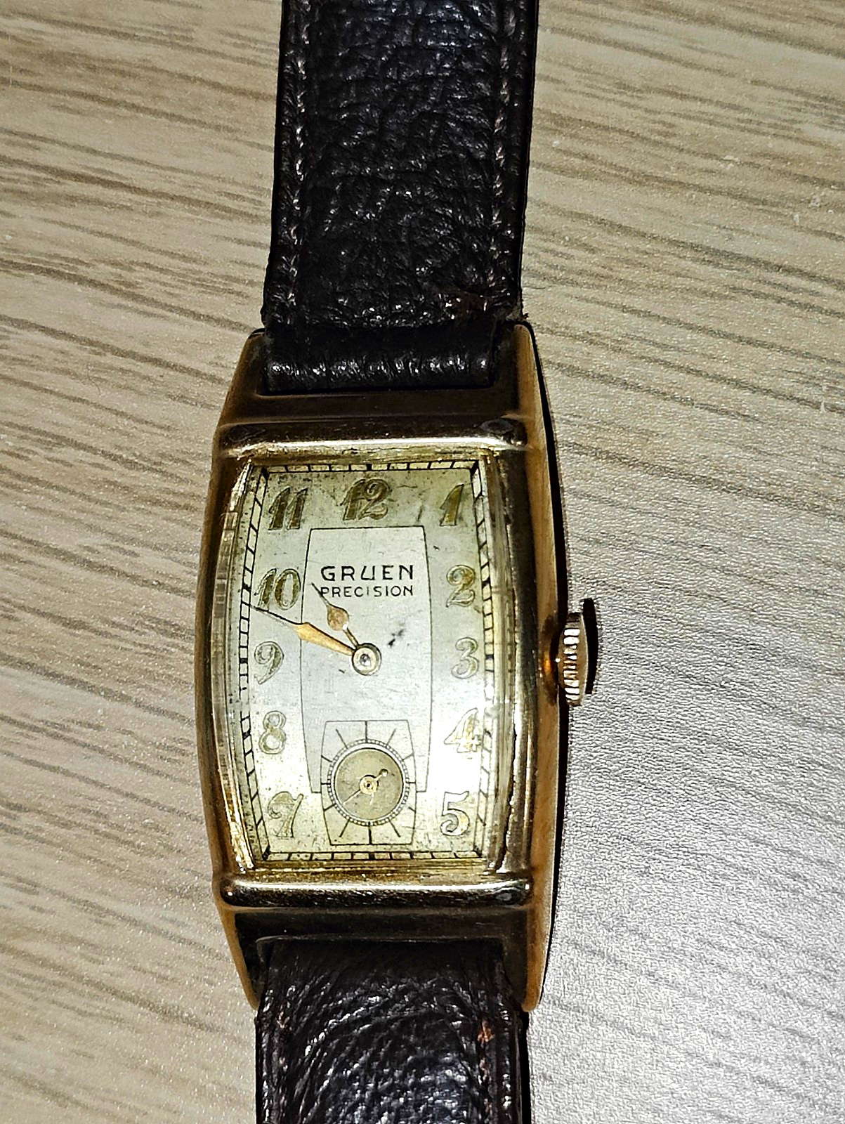 Gruen Precision Vintage 1940s Rectangle Gold Filled Manual Watch Black Strap