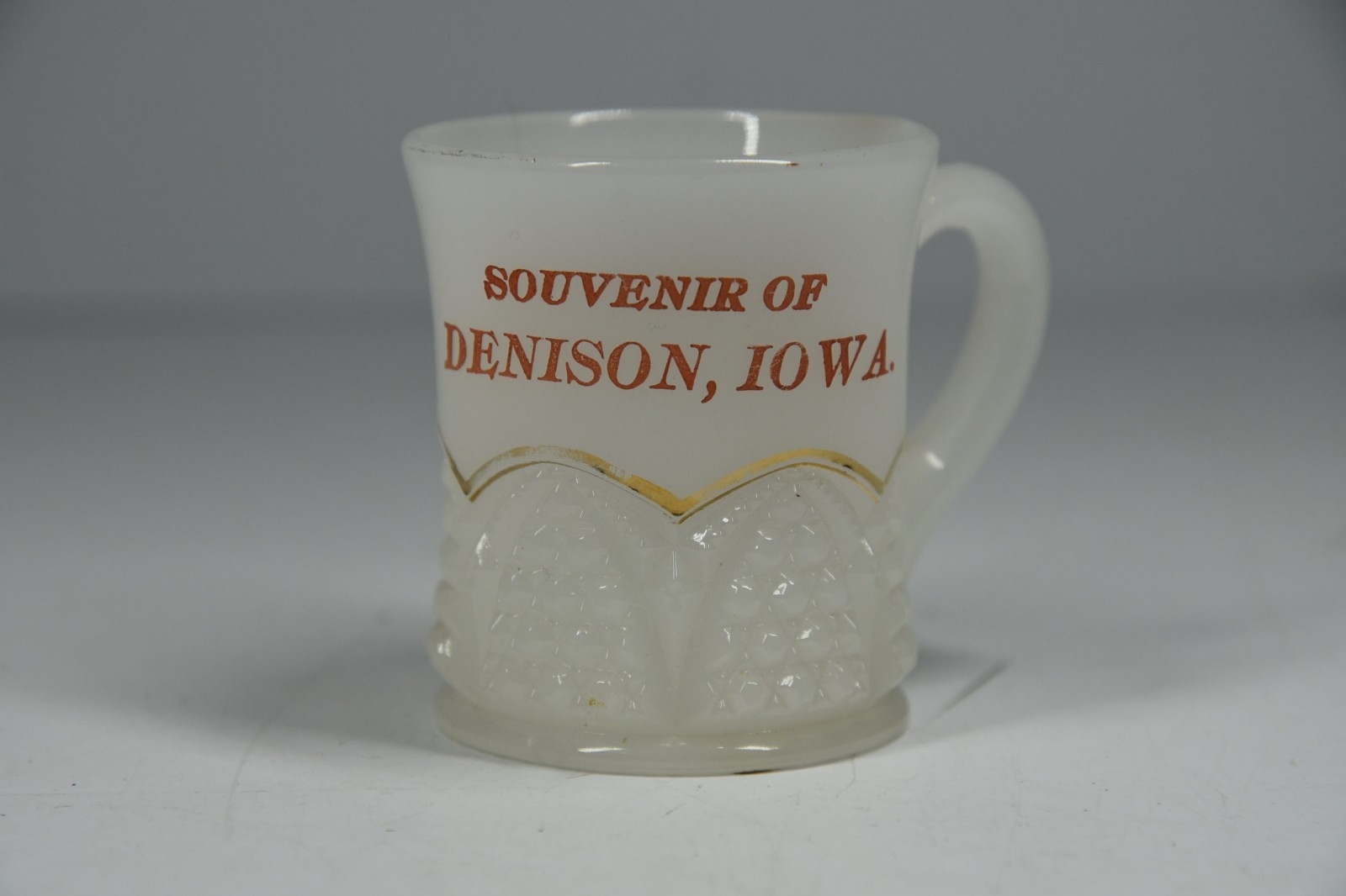 Vintage MCM Milk Glass Souvenir Denison Iowa Toothpick Holder Mug Cup