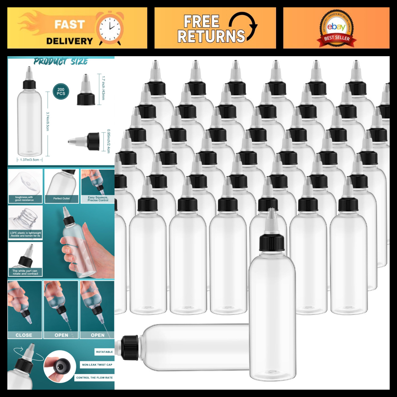 200 Pcs 2 oz Plastic Squeeze Bottles with Twist Cap - White, Ideal for Crafts & 200 Pcs 2 oz Plastic Squeeze Bottles with Twist Cap - White, Ideal for Crafts &