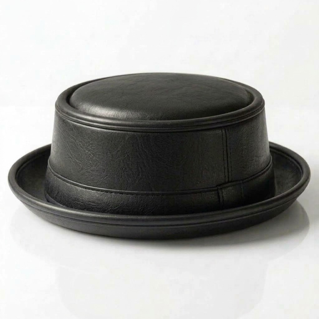 Handmade Black Leather Pork Pie Hat Vintage Gothic Steampunk Unisex Costume Hat