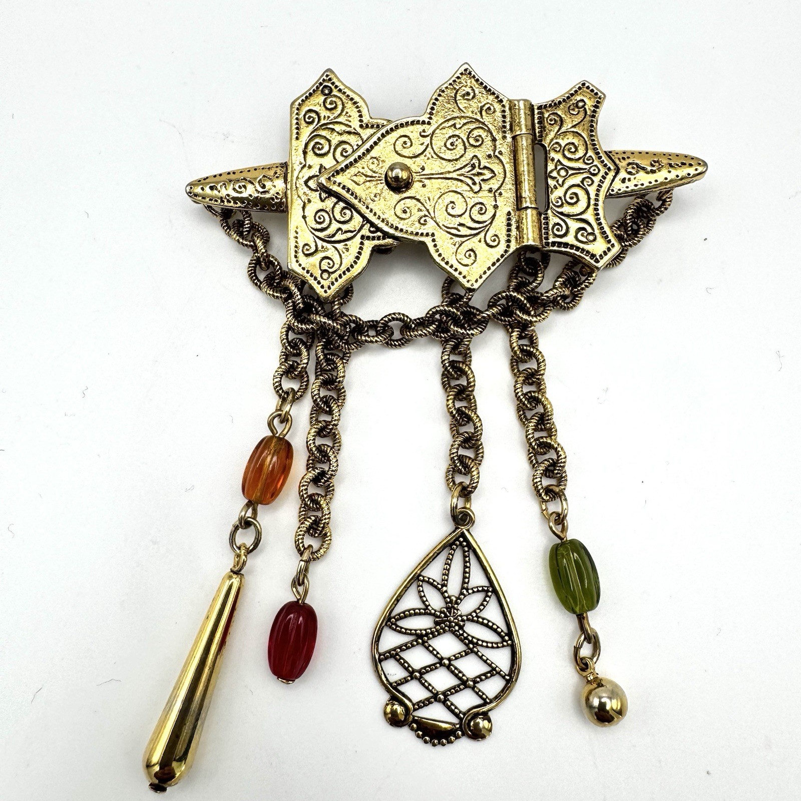 VTG Victorian Revival Etruscan Gold Tone Dangle Brooch Chatelaine Charms Signed