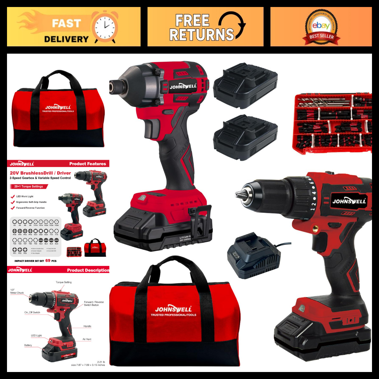20V Cordless Drill & Impact Driver Combo Kit, 2-Tool Set, Fast Charger, 69-Pcs B