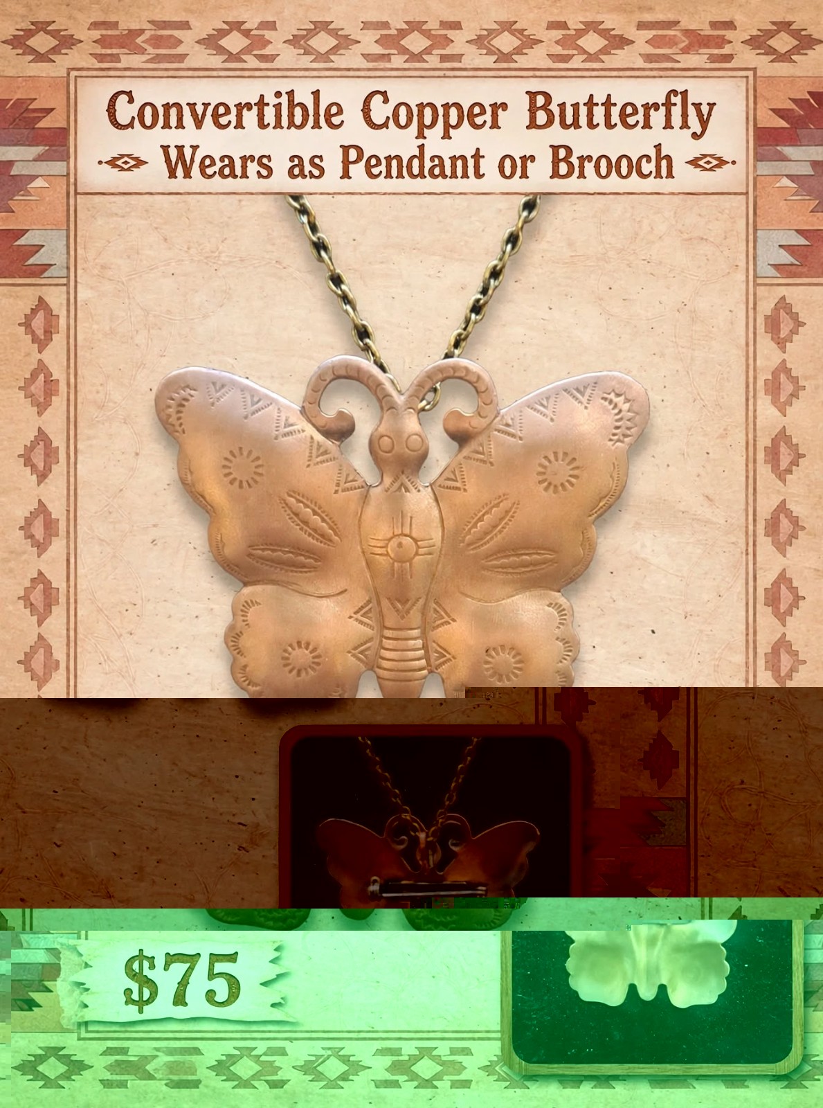 Butterfly PENDANT CONVERTIBLE HAND CRAFTED .999 COPPER BOTH NECKLACE & BROACH. Butterfly PENDANT CONVERTIBLE HAND CRAFTED .999 COPPER BOTH NECKLACE & BROACH.