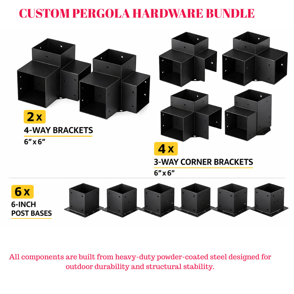 6x6 Pergola Bracket Kit 2-Way + 4-Way Corners + 6 Post Bases DIY