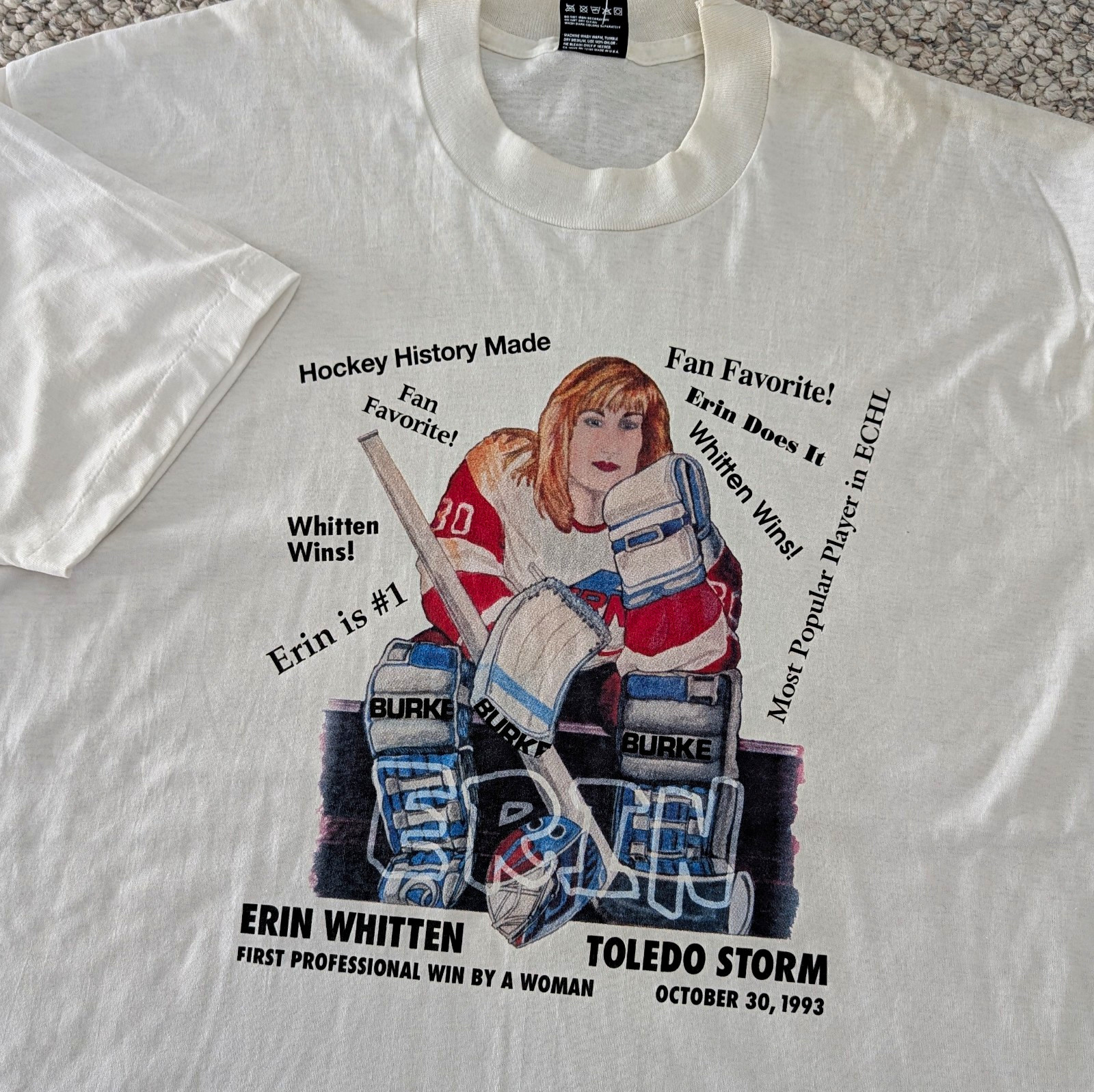 NWT Vintage 1993 Toledo Storm Erin Whitten First Female Hockey Goalie T-shirt XL NWT Vintage 1993 Toledo Storm Erin Whitten First Female Hockey Goalie T-shirt XL