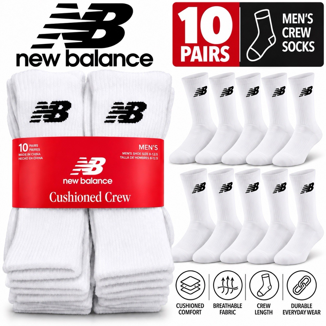 New Balance Men’s Cushioned Crew Socks 10 Pairs White Size L NWT