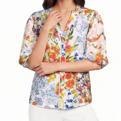 John Mark Embroidered Watercolor Floral V-Neck Button-Front Blouse SM NEW $119 John Mark Embroidered Watercolor Floral V-Neck Button-Front Blouse SM NEW $119