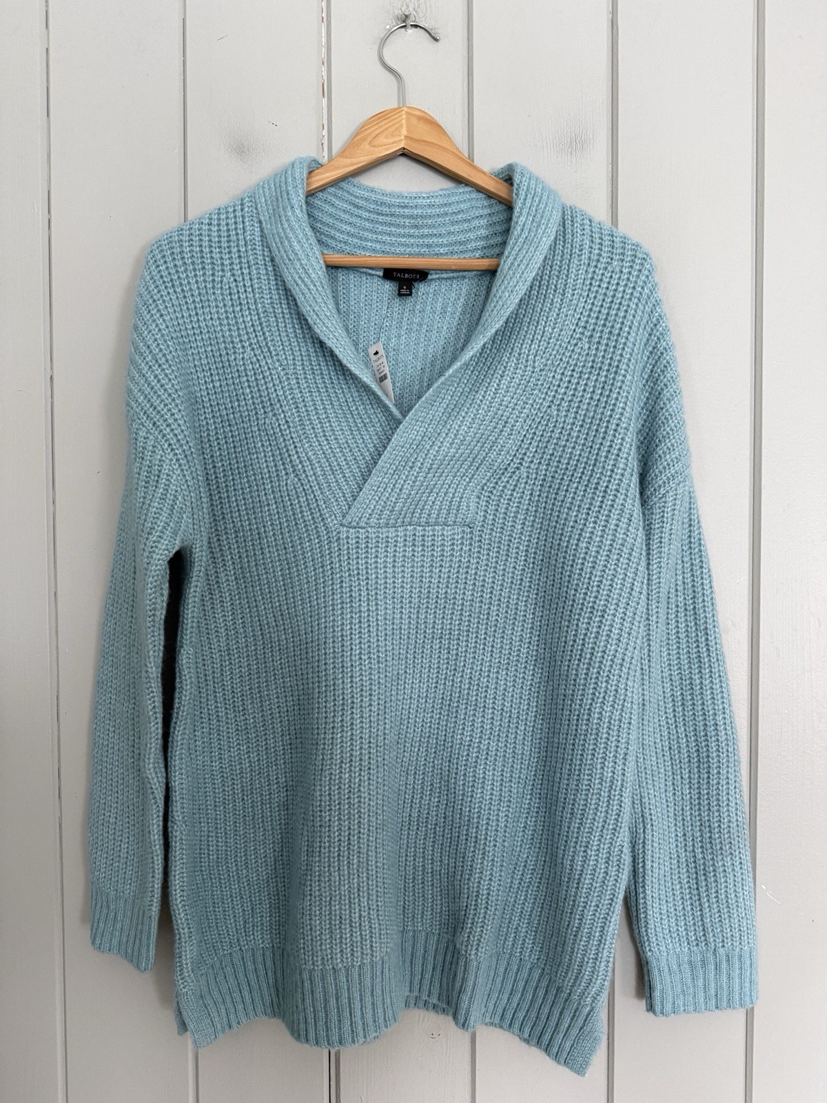 NWT Talbots Shawl Collar Shaker Stitch Pullover Sweater S Small Blue V-Neck NEW NWT Talbots Shawl Collar Shaker Stitch Pullover Sweater S Small Blue V-Neck NEW