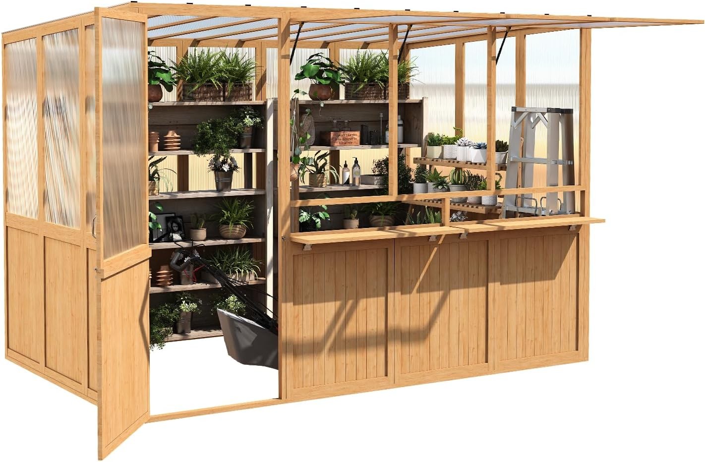 6x10 Ft Wood Greenhouse, Walk-In, Polycarbonate Panels, Openable Window, Brown 6x10 Ft Wood Greenhouse, Walk-In, Polycarbonate Panels, Openable Window, Brown