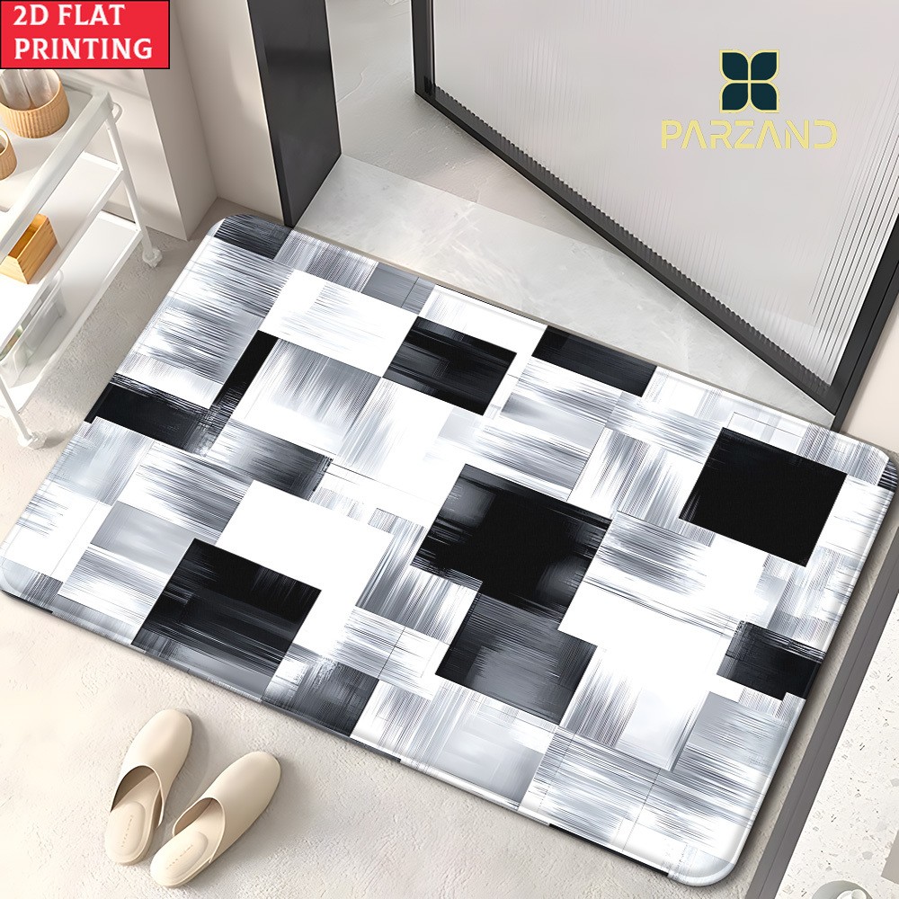 2D Flat, 2D Flat Diatom Mud Mat, Black White Checker Door Mats, Non-Slip Bathr