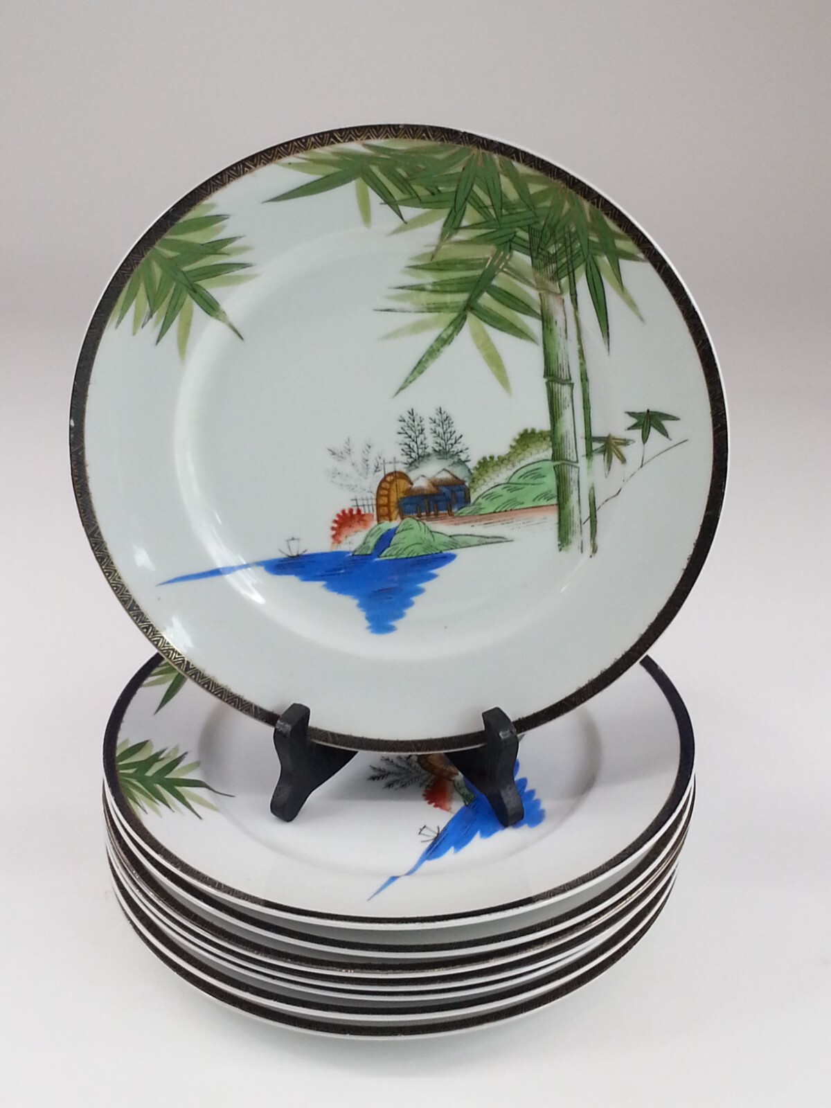 8 Vintage Hayasi Fine China Kutani Dinner Plates Asian Scene 8 Vintage Hayasi Fine China Kutani Dinner Plates Asian Scene
