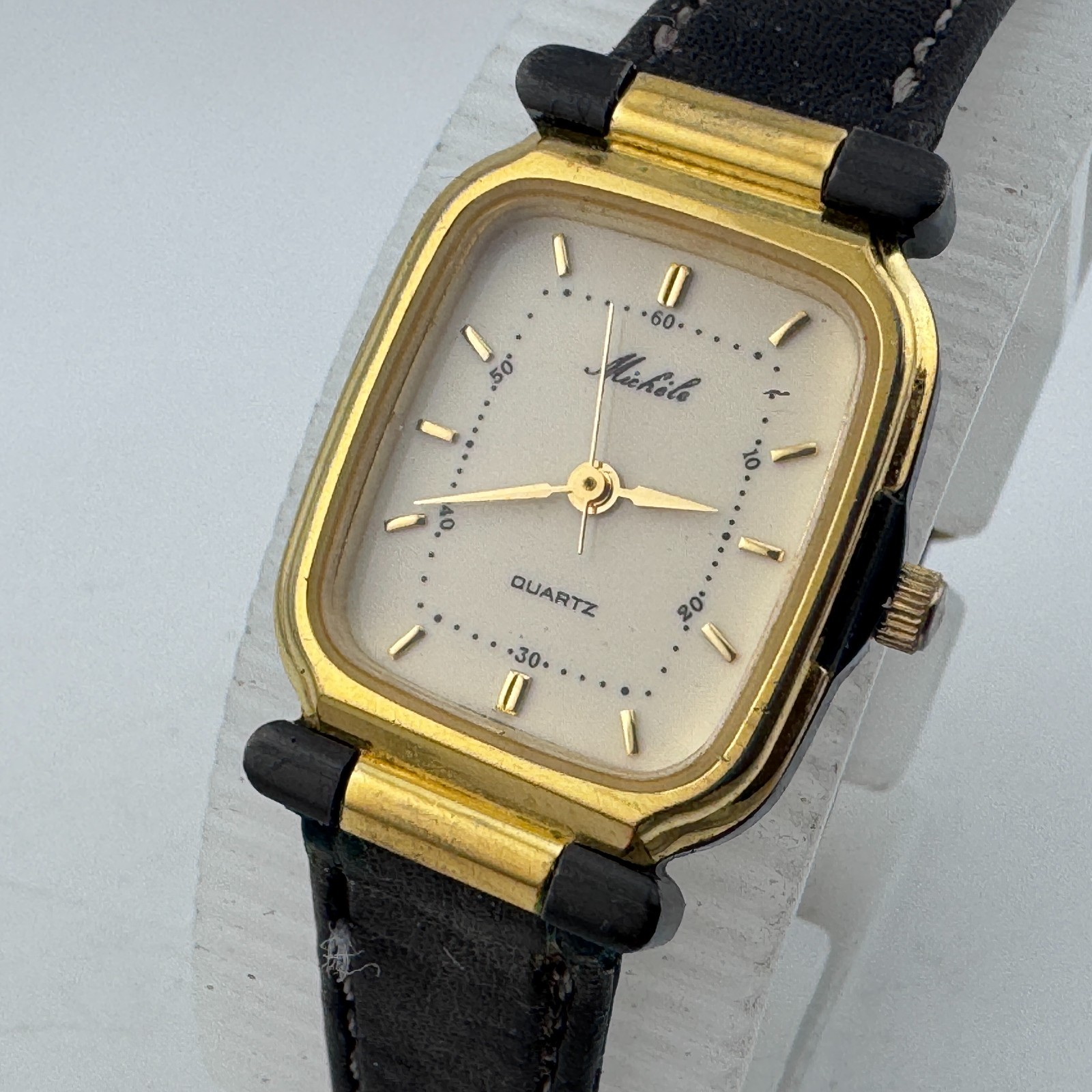 Vintage Michele Quartz Watch Women Gold-Black Rectangle Leather~For Parts Repair