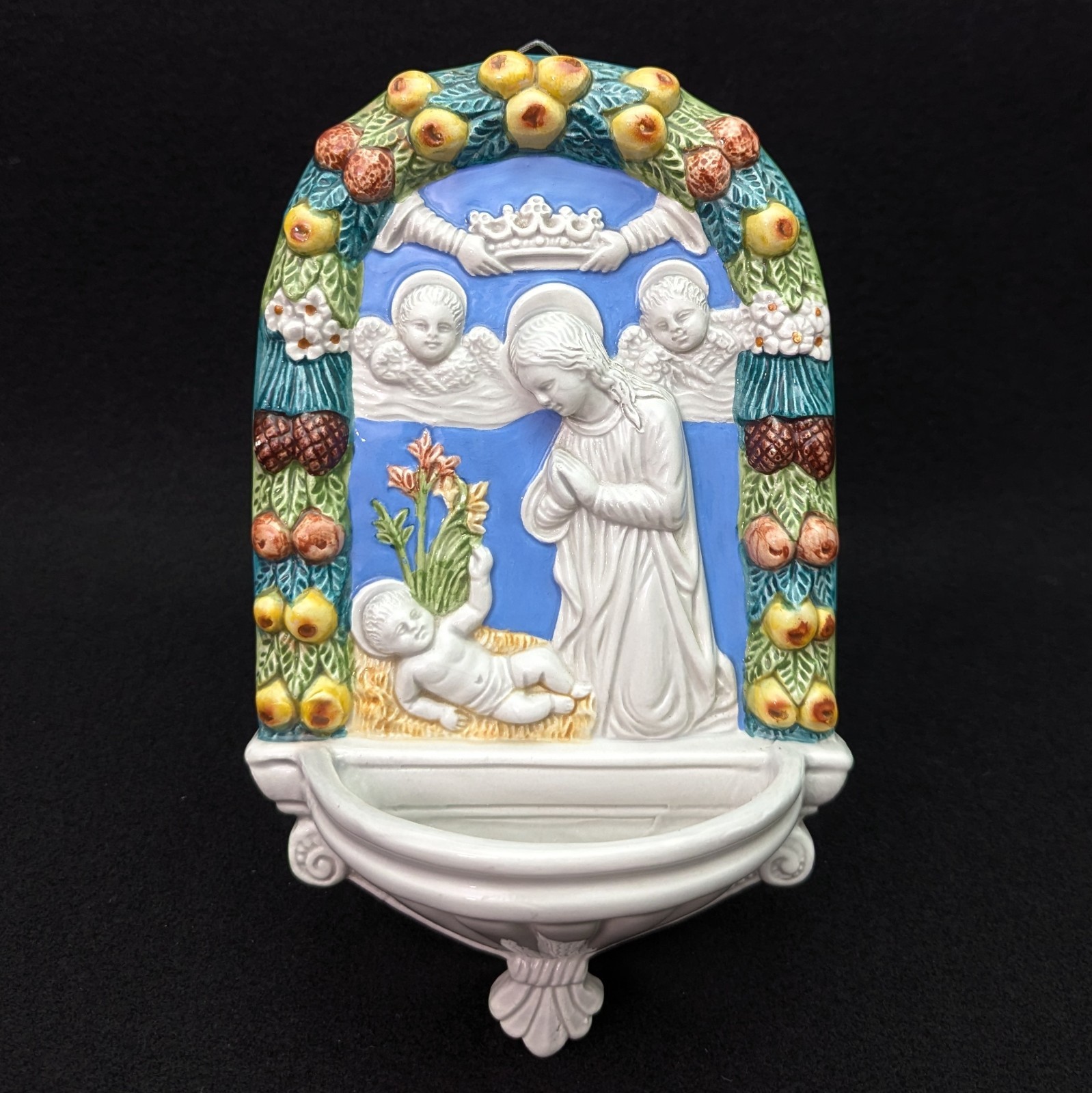 Vintage Italian Majolica Deruta Holy Water Wall Plaque Maioliche f.LLI Niccacci