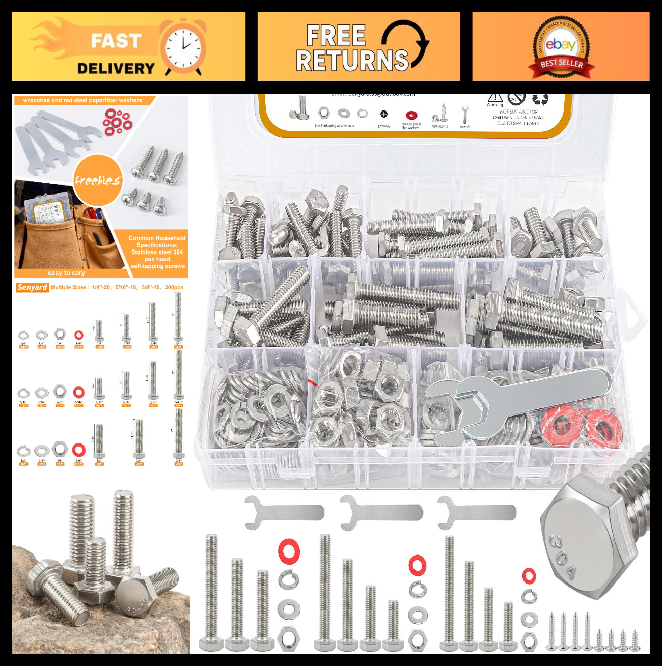 300pcs Stainless Steel Hex Bolts & Nuts Kit - 1/4\
