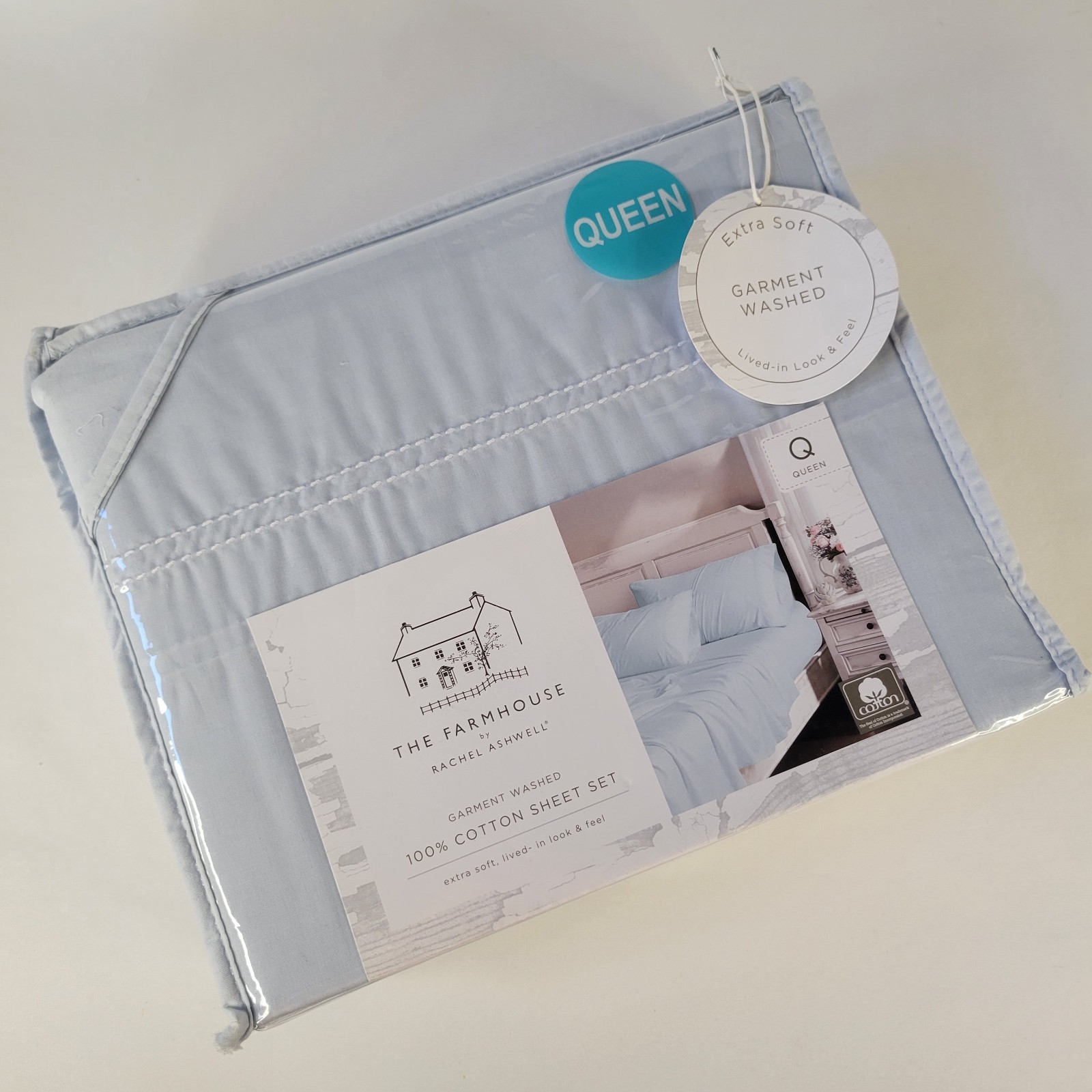 Shabby Chic 4pc QUEEN Sheet Set Solid Light Blue Cotton Farmhouse Rachel Ashwell Shabby Chic 4pc QUEEN Sheet Set Solid Light Blue Cotton Farmhouse Rachel Ashwell