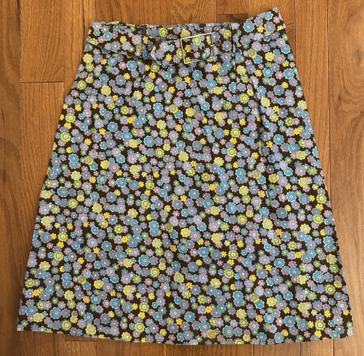 Vintage 60s Floral A-Line Skirt w/ Belt Mod Blue Brown Yellow Size 10, 27\