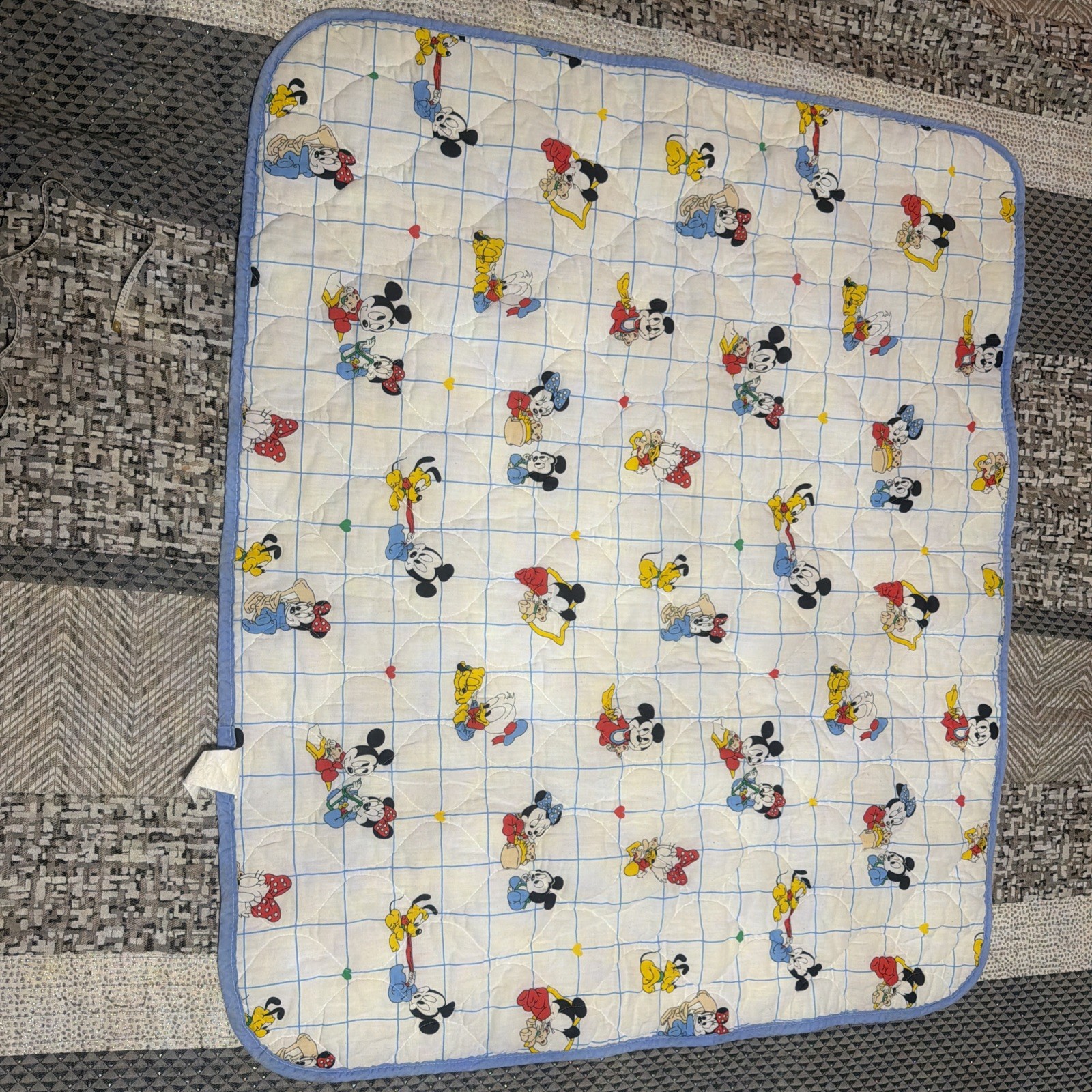 Vtg 1980’s Disney Babies Crib Blanket Quilt Mickey Minnie Pluto 40x31 blue Trim Vtg 1980’s Disney Babies Crib Blanket Quilt Mickey Minnie Pluto 40x31 blue Trim