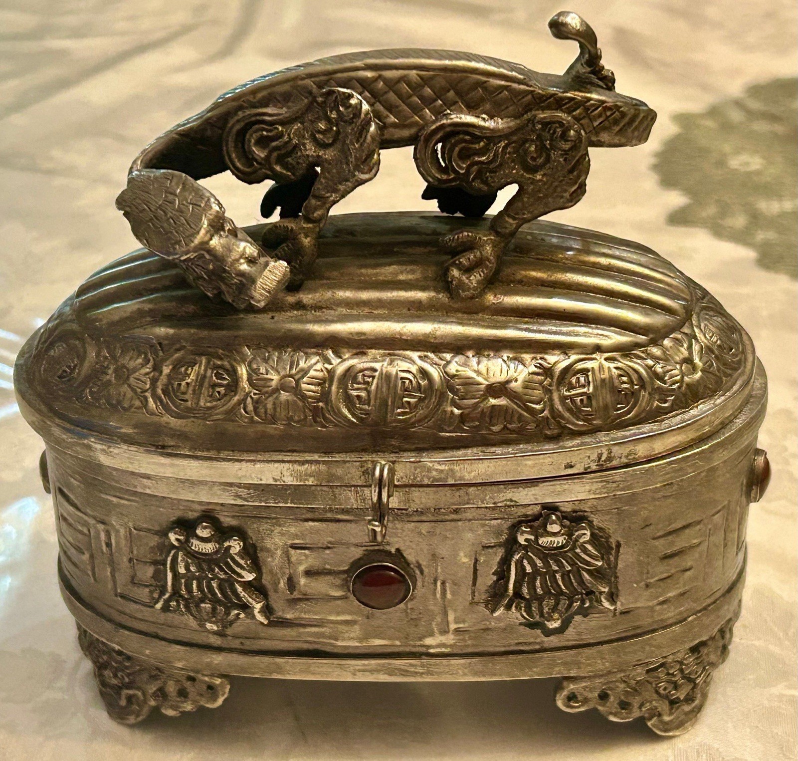 Antique Chinese Dragon Silver Plated Trinket Box with Lid Antique Chinese Dragon Silver Plated Trinket Box with Lid