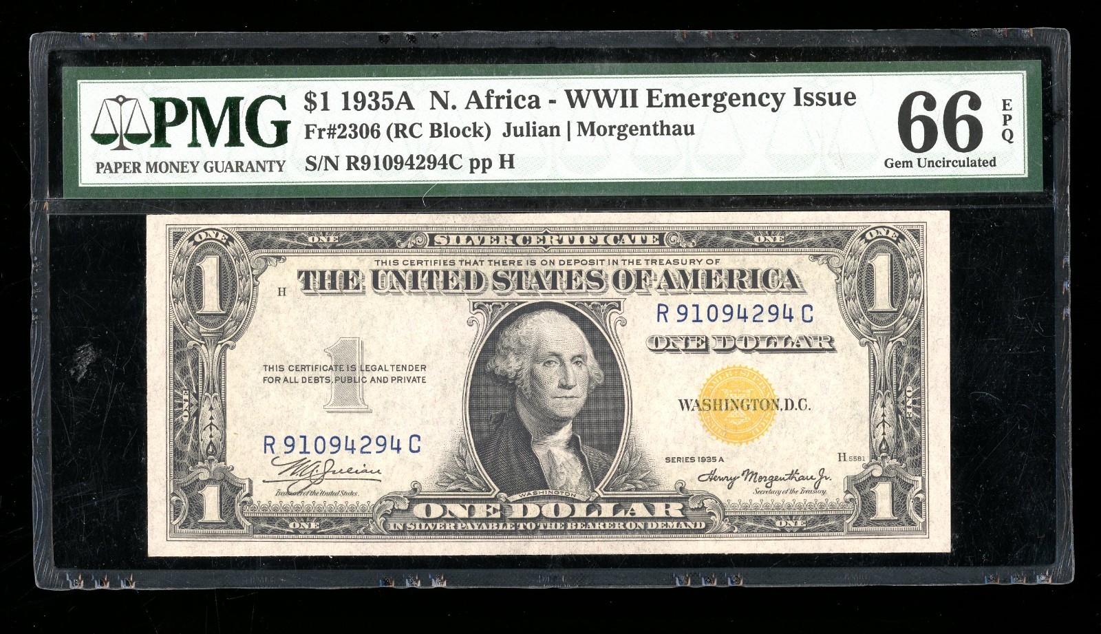 DBR 1935-A $1 North Africa Silver Fr. 2306 RC Block PMG 66 EPQ Serial R91094294C DBR 1935-A $1 North Africa Silver Fr. 2306 RC Block PMG 66 EPQ Serial R91094294C