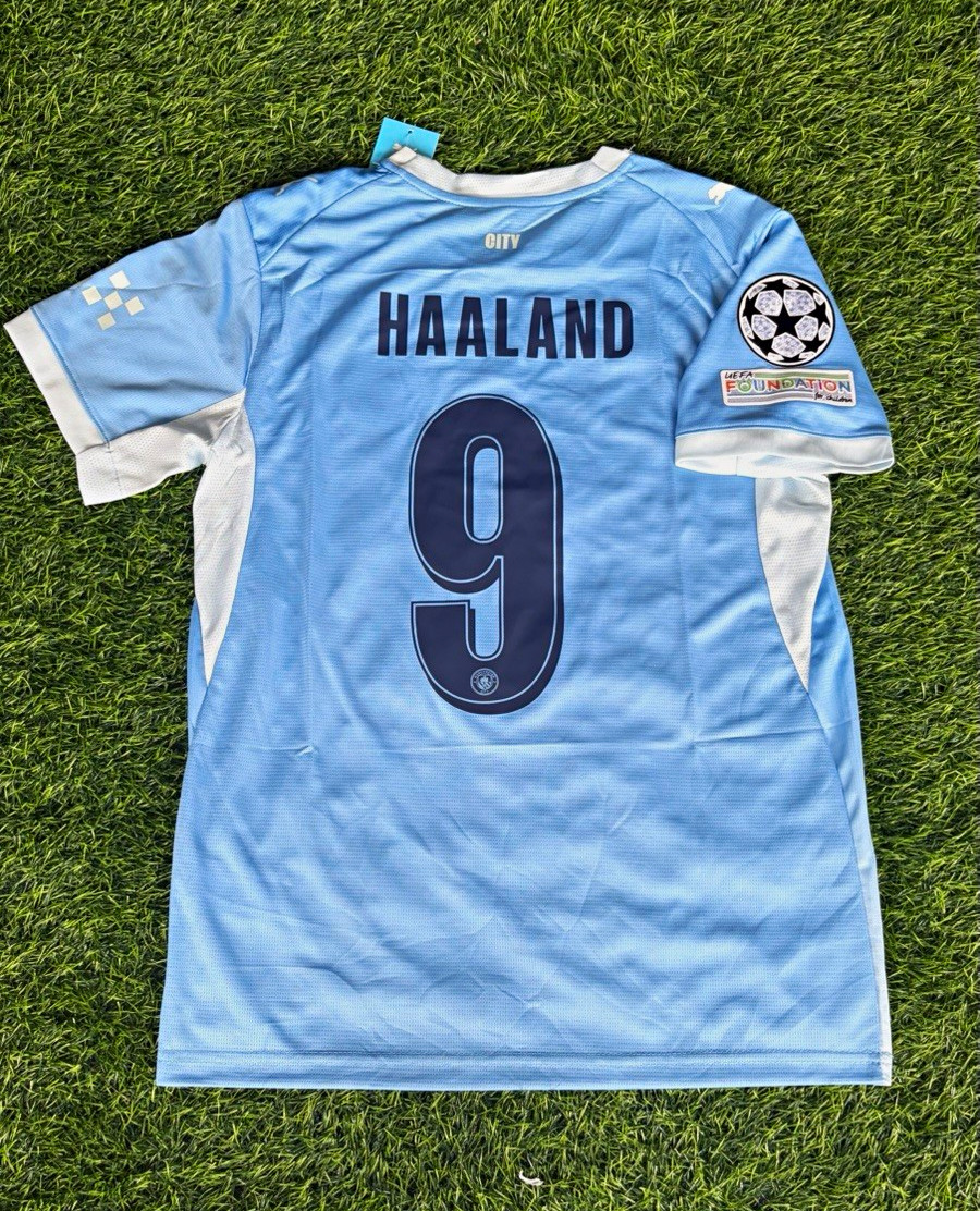 PUMA Manchester City Haaland #9 Soccer Jersey Men's S Blue/White UCL PUMA Manchester City Haaland #9 Soccer Jersey Men's S Blue/White UCL
